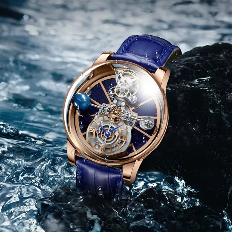 PINDU Men Watch Diamond Earth Theme Top Brand Luxury Astronomical Quartz Watch Men Starry Sky Dial 360 Degree Transparent Glass