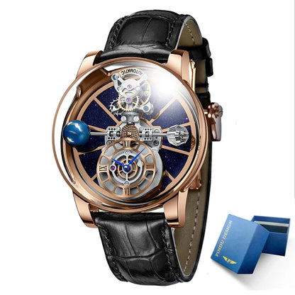 PINDU Men Watch Diamond Earth Theme Top Brand Luxury Astronomical Quartz Watch Men Starry Sky Dial 360 Degree Transparent Glass