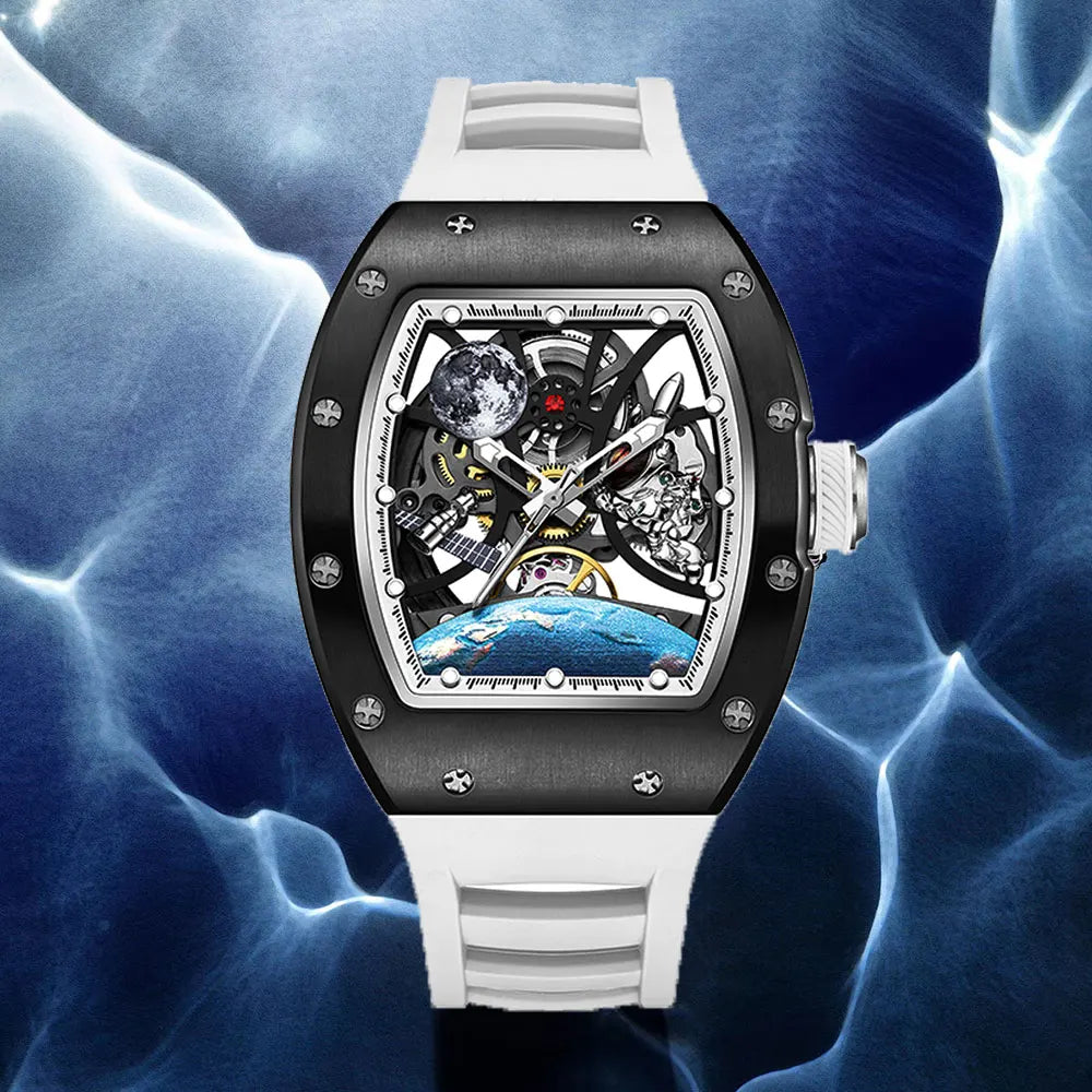 Viraj Aŭtomataj Horloĝoj por Viroj Moda Tonneau Mekanika Horloĝo Tera Ciferplato Akvorezista Luksa Lumplena Skeleto Vira Brakhorloĝo