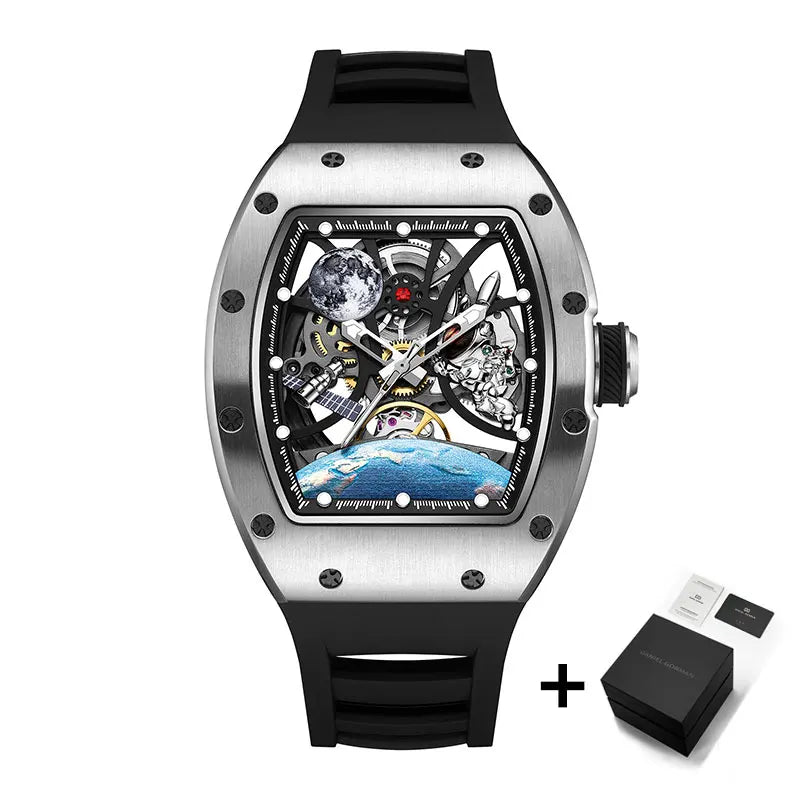 Viraj Aŭtomataj Horloĝoj por Viroj Moda Tonneau Mekanika Horloĝo Tera Ciferplato Akvorezista Luksa Lumplena Skeleto Vira Brakhorloĝo