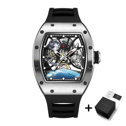 Viraj Aŭtomataj Horloĝoj por Viroj Moda Tonneau Mekanika Horloĝo Tera Ciferplato Akvorezista Luksa Lumplena Skeleto Vira Brakhorloĝo