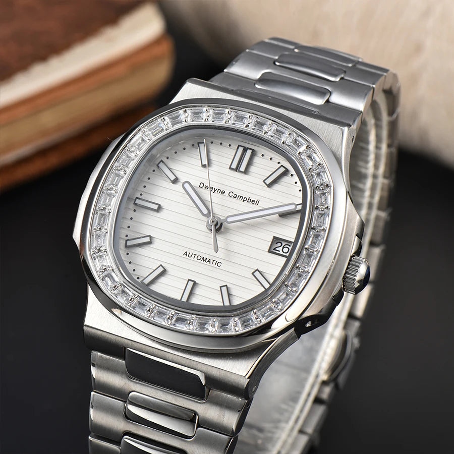 Automatic mechanical watch NH35 movement, diamond-encrusted waterproof sapphire crystal strap, date sports wristwatch