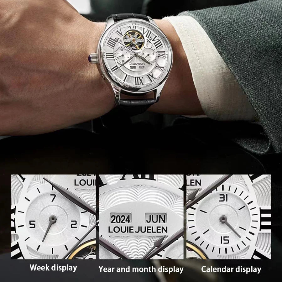 (Plene Aŭtomata Mekanika Horloĝo) Vira Multfunkcia Horloĝo, Eltranĉita Perspektiva Malgranda Plato, Romiaj Ciferoj, Neniu Baterio Bezonata