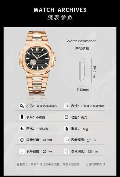 Automatic Mechanical Watch for Men Luxury Wristwatch Stainless Steel Waterproof Luminous Hands Clock for Business Gift