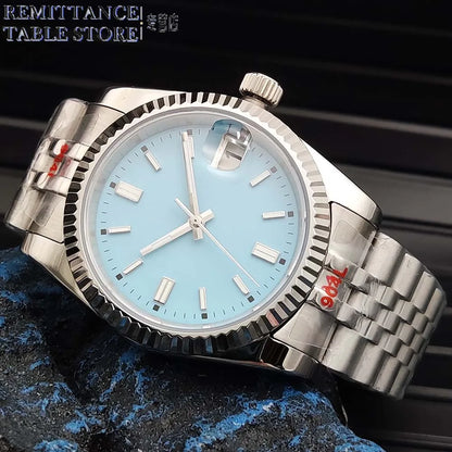 Vira aŭtomata horloĝo, aŭtomata mekanika movado NH35, safirvitro, travidebla dorso, blua sterila ciferplato