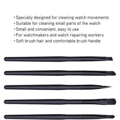 5-peca horloĝa akcesoraĵo, horloĝa purigada broso, aro por brakhorloĝa movado, malgrandaj partoj, molaj brosoj por purigi, ilo por horloĝisto