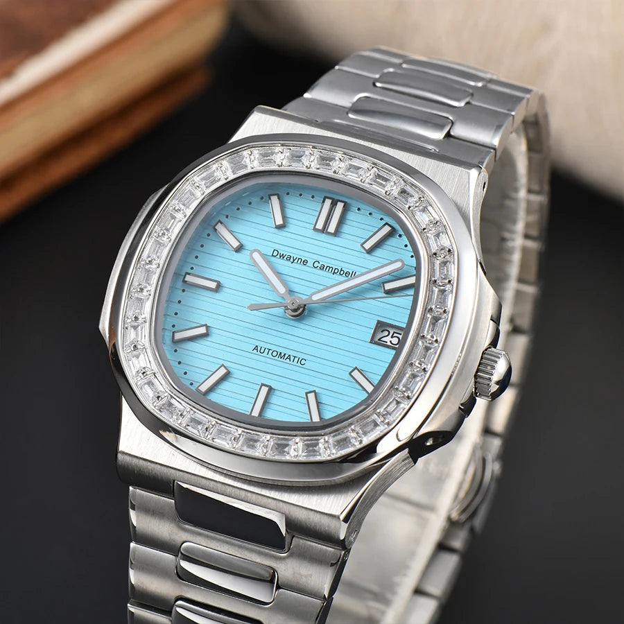 Automatic mechanical watch NH35 movement, diamond-encrusted waterproof sapphire crystal strap, date sports wristwatch