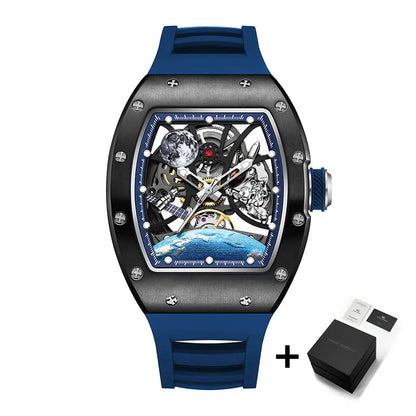 Viraj Aŭtomataj Horloĝoj por Viroj Moda Tonneau Mekanika Horloĝo Tera Ciferplato Akvorezista Luksa Lumplena Skeleto Vira Brakhorloĝo