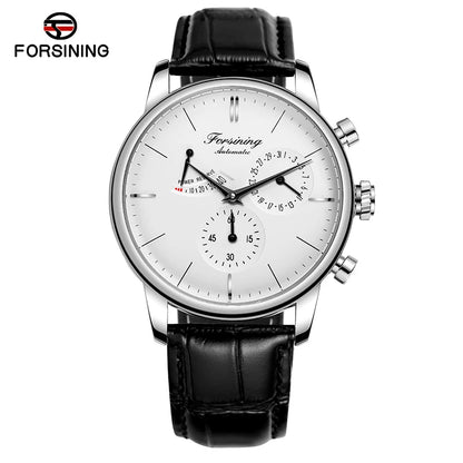 FOSINING Automatic Watch with Power Reserve Indicator Auto Date Mechanical Male Clock Leather Belt Dress Wristwatch Gift for Men