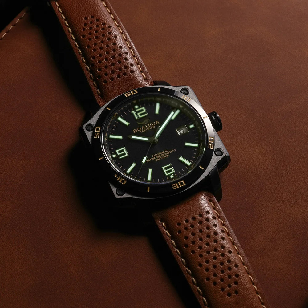 BOAIJIUA Plene Aŭtomata Mekanika Vira Horloĝo Originala Dezajno Mekanikaj Horloĝoj 50m Akvorezista Lumplena Brakhorloĝo por Viroj