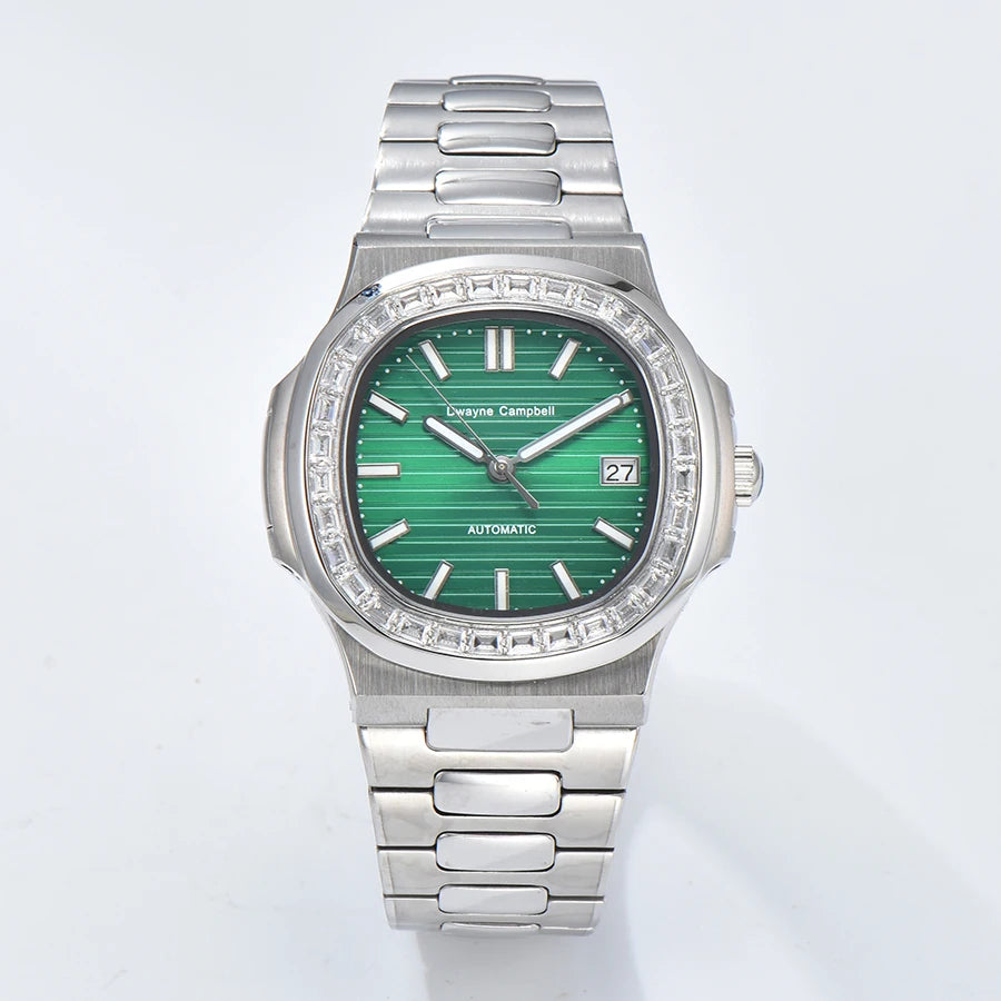 Automatic mechanical watch NH35 movement, diamond-encrusted waterproof sapphire crystal strap, date sports wristwatch