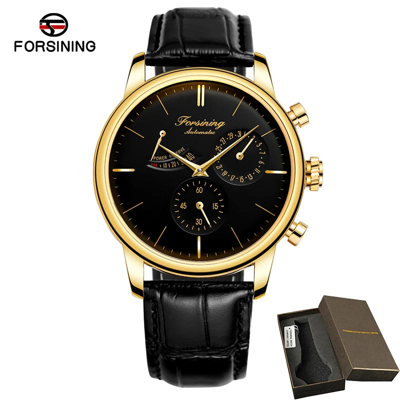 FOSINING Automatic Watch with Power Reserve Indicator Auto Date Mechanical Male Clock Leather Belt Dress Wristwatch Gift for Men