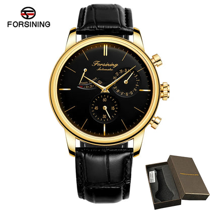 FOSINING Automatic Watch with Power Reserve Indicator Auto Date Mechanical Male Clock Leather Belt Dress Wristwatch Gift for Men