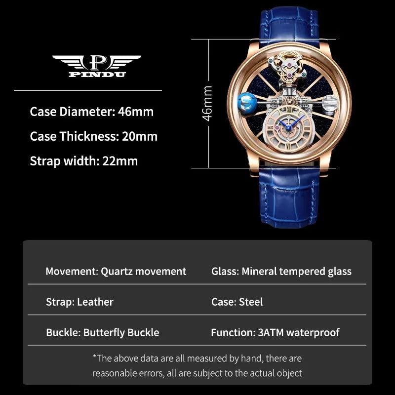 PINDU Men Watch Diamond Earth Theme Top Brand Luxury Astronomical Quartz Watch Men Starry Sky Dial 360 Degree Transparent Glass