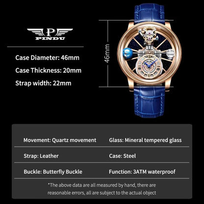 PINDU Men Watch Diamond Earth Theme Top Brand Luxury Astronomical Quartz Watch Men Starry Sky Dial 360 Degree Transparent Glass