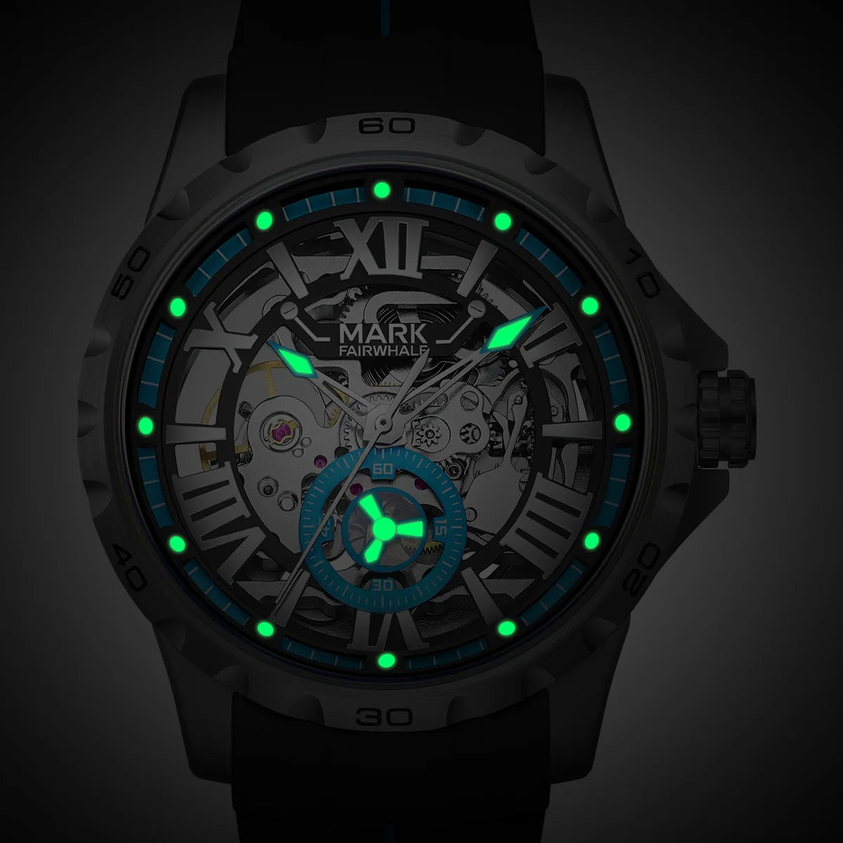 Aŭtomata Mekanika Vira Horloĝo Altkvalita Skeleta Turbilono Akvorezista Kaŭĉuka Rimeno