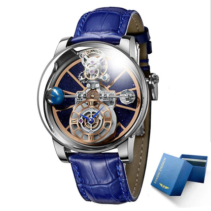 PINDU Men Watch Diamond Earth Theme Top Brand Luxury Astronomical Quartz Watch Men Starry Sky Dial 360 Degree Transparent Glass
