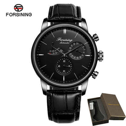 FOSINING Automatic Watch with Power Reserve Indicator Auto Date Mechanical Male Clock Leather Belt Dress Wristwatch Gift for Men