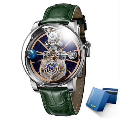 PINDU Men Watch Diamond Earth Theme Top Brand Luxury Astronomical Quartz Watch Men Starry Sky Dial 360 Degree Transparent Glass